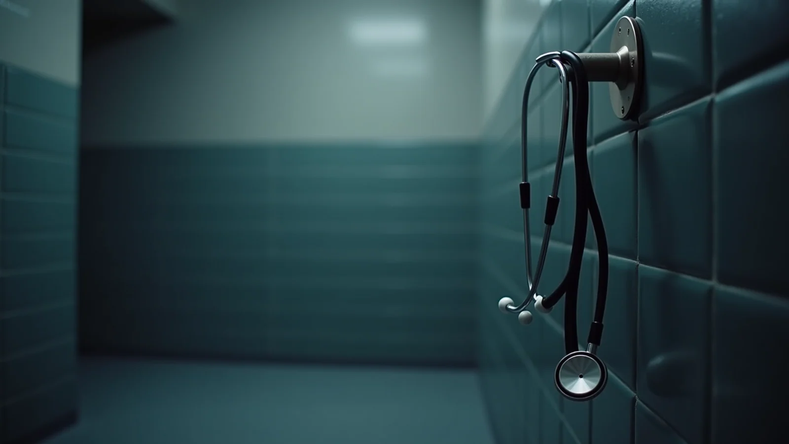 A single stethoscope hanging from a steel hook on the tiled wall of an empty examination room.