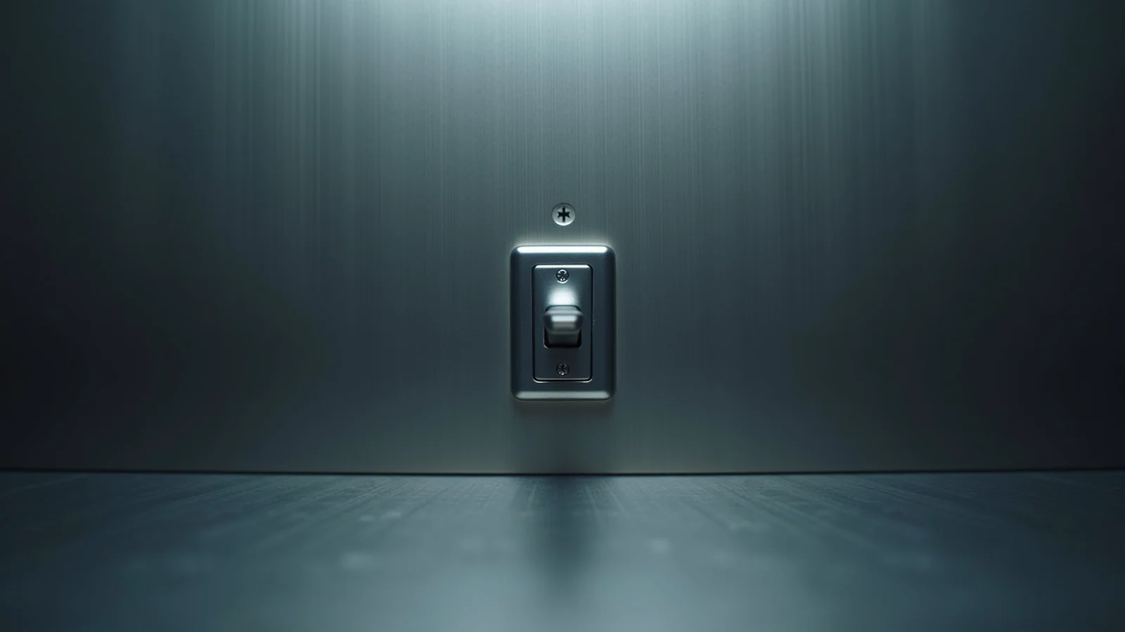 A single chrome toggle switch on a plain steel plate set into a brushed-metal wall, lit from above.