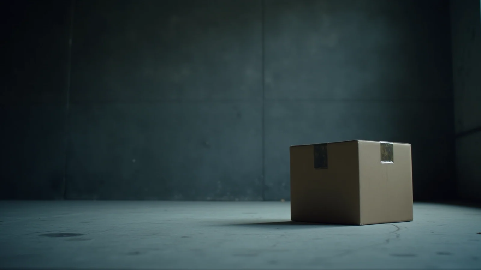 A single taped-shut cardboard box sitting alone on a bare concrete floor against a dark wall.