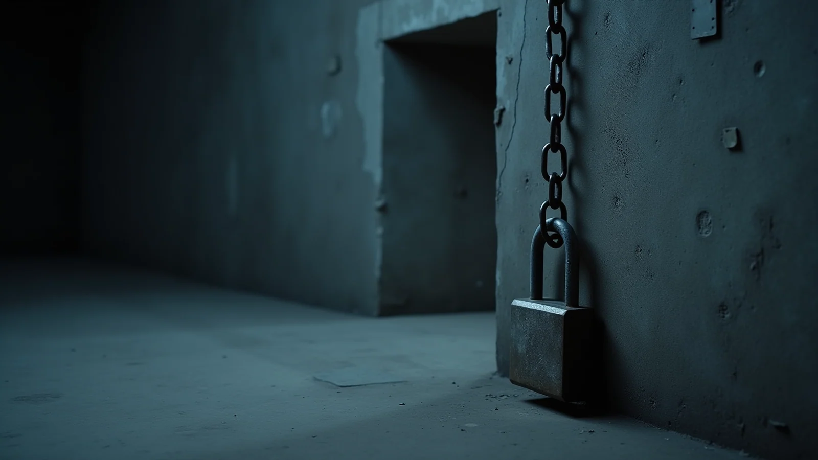 A heavy closed padlock hanging on a chain against a bare, dark concrete wall.