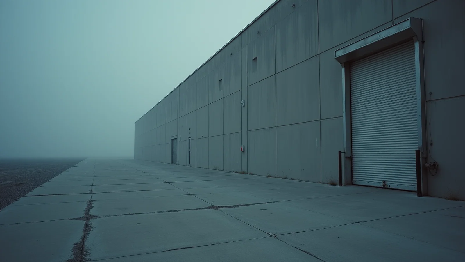A closed steel roll-up loading door in the long blank wall of an empty warehouse, a cracked concrete apron running off into fog.
