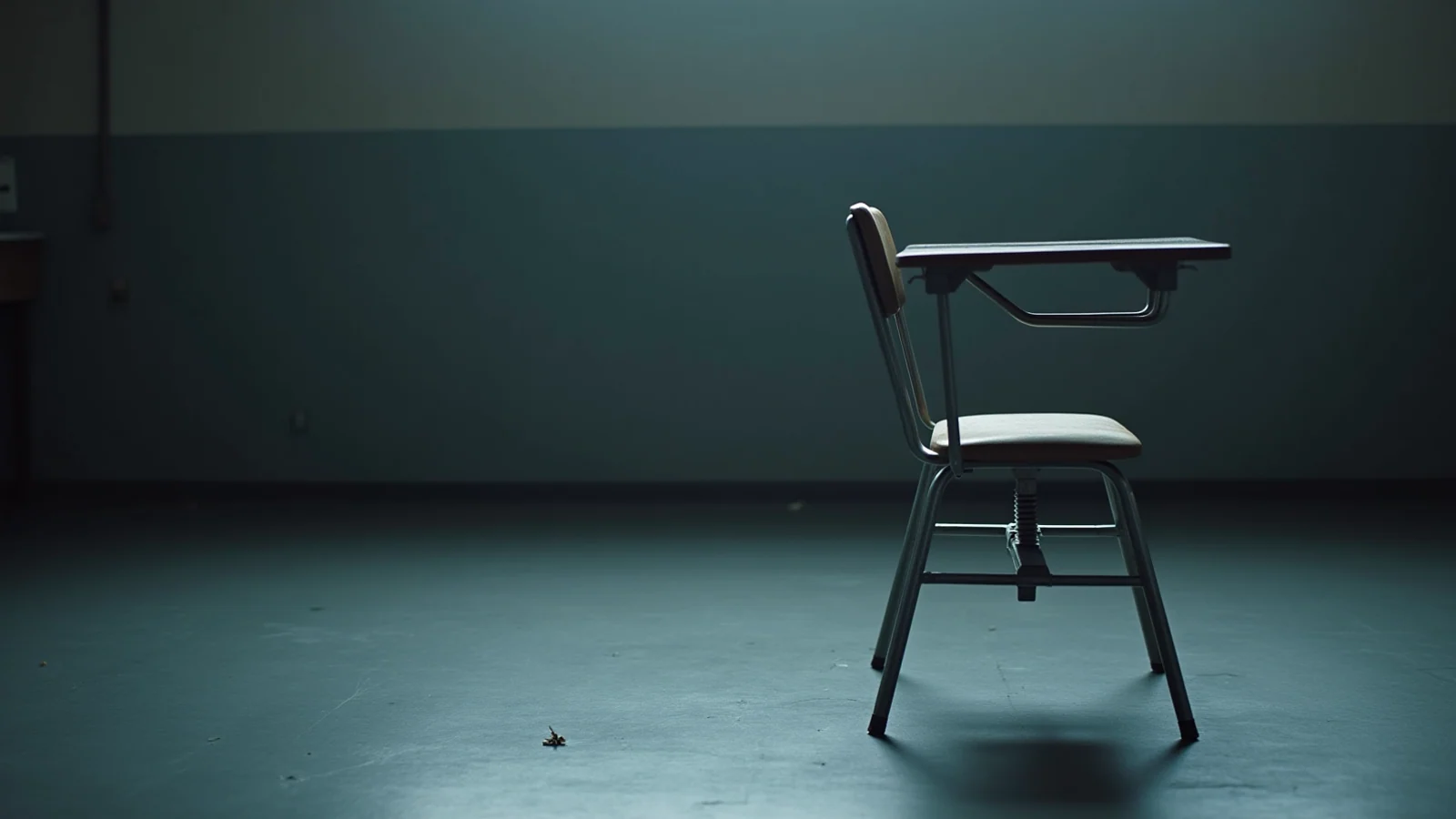 An empty grey school desk-chair standing alone on a bare classroom floor.