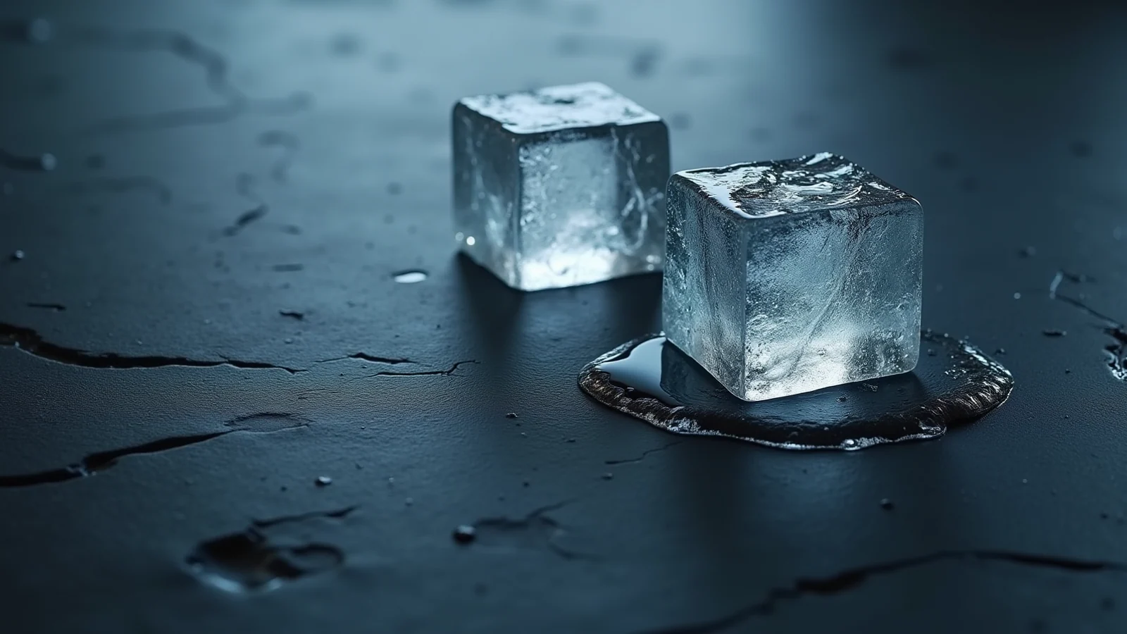 Two clear ice cubes on dark slate, the nearer one sitting in a spreading puddle of its own meltwater.
