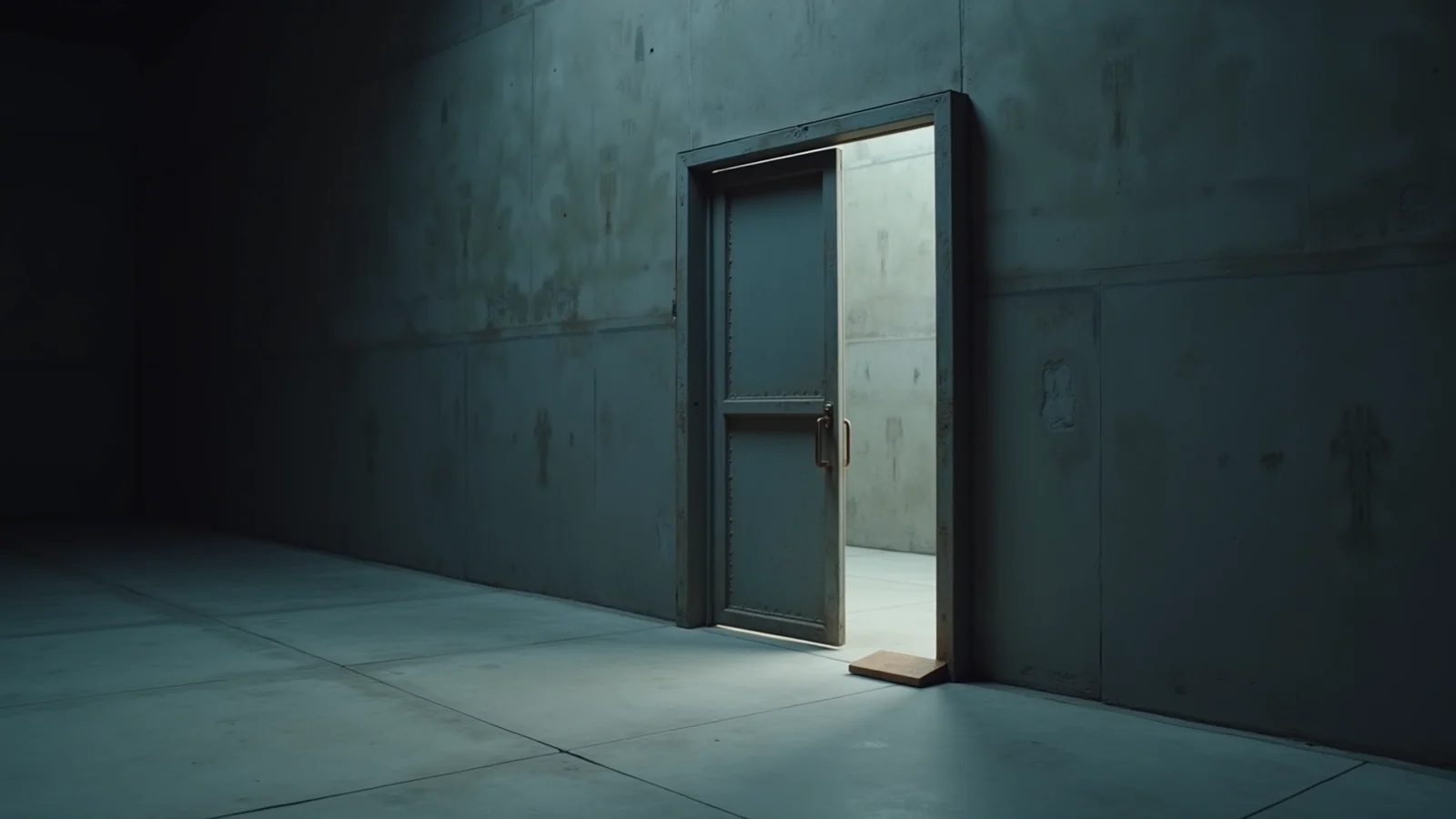 A heavy grey steel door standing open in a bare concrete wall, a small wooden wedge at its foot and pale light beyond.
