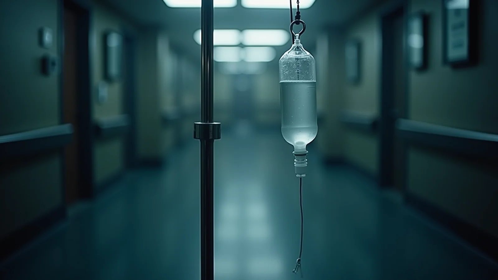 A single clear intravenous fluid bag hanging from a hook beside a steel pole in a dim, empty hospital corridor.