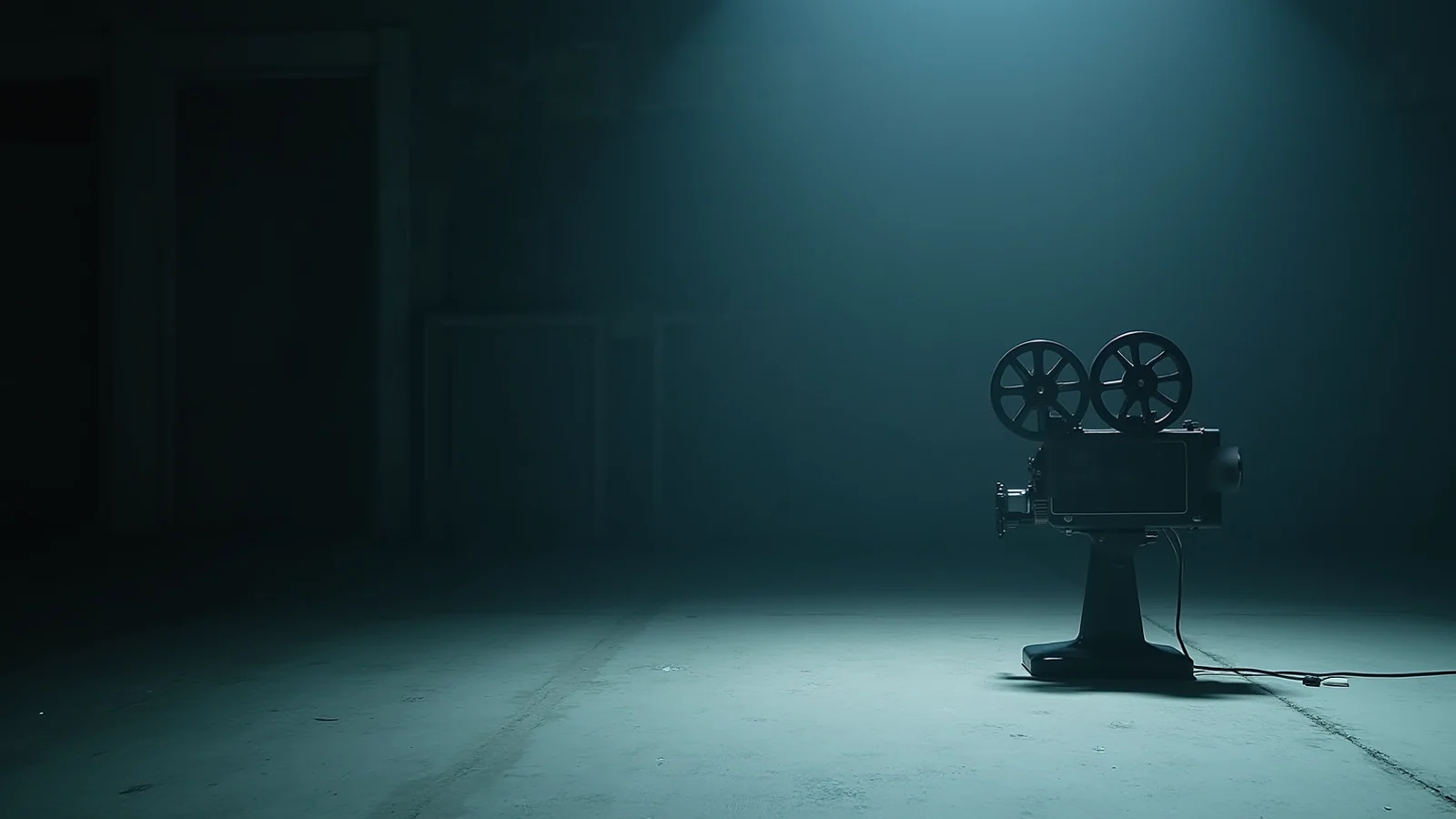 An unlit film projector with two empty reels standing alone on a bare concrete floor under a faint shaft of cold light.