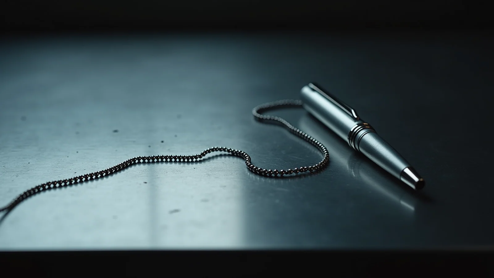 A silver pen tethered to a thin bead chain, lying on a dark steel counter.
