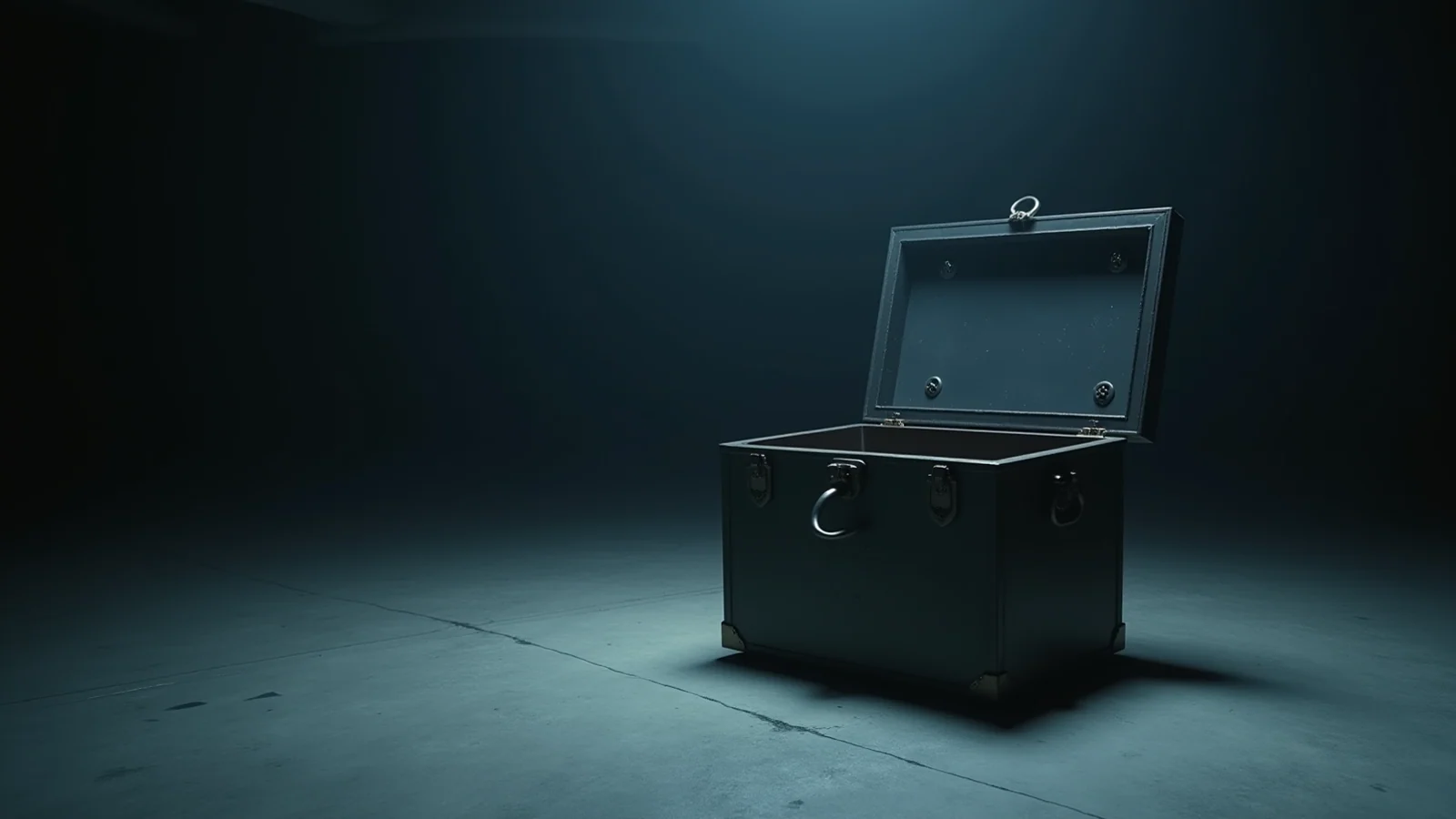 A dark steel strongbox standing open and empty on the concrete floor of a dim, bare room.