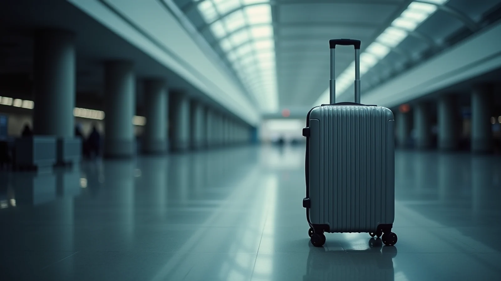 A single grey hard-shell suitcase standing upright on the polished floor of an empty airport concourse.