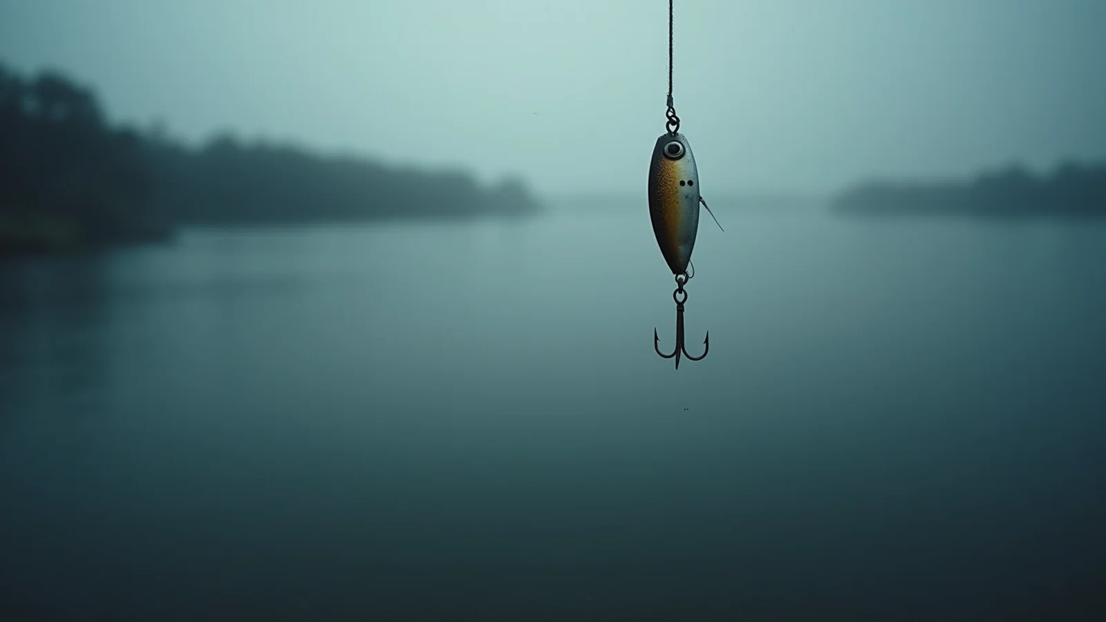 A single fishing lure with a treble hook hanging on a thin line over grey, misty still water.