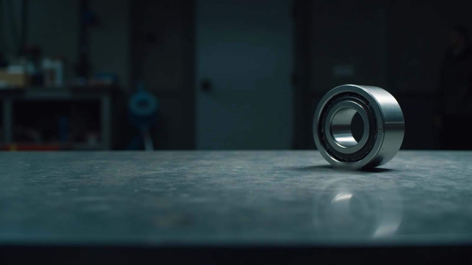 A single machined steel bearing standing on its edge on a bare metal workbench in a dim workshop.