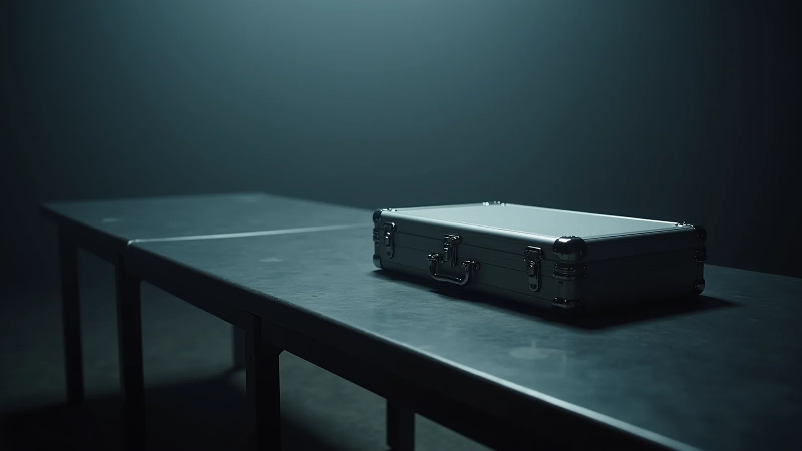 A closed aluminium document case latched shut on a long dark steel table in a dim room.