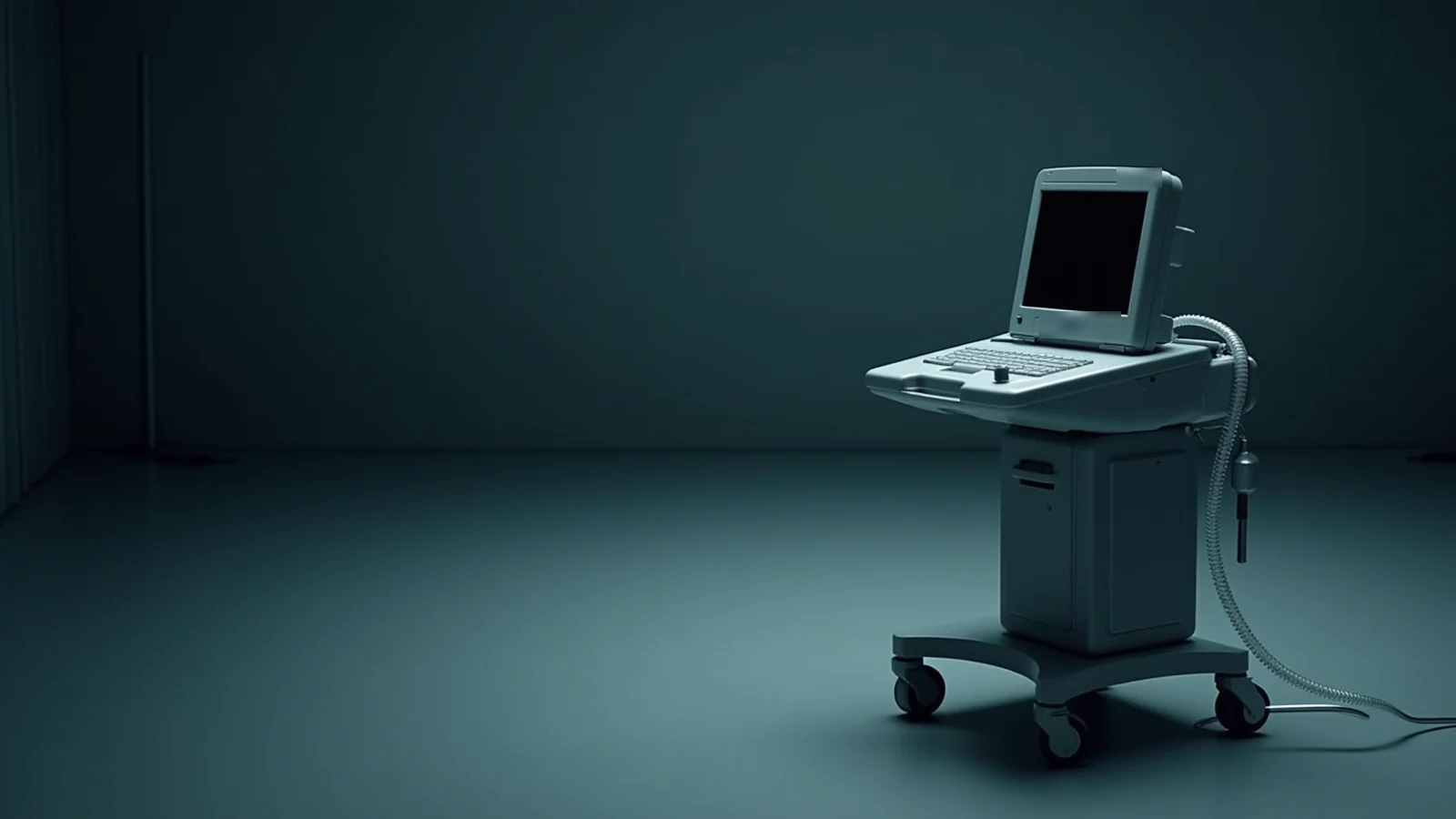 A grey medical console with a dark screen on a wheeled stand, a coiled clear tube hanging from its side, alone in a dark empty room.