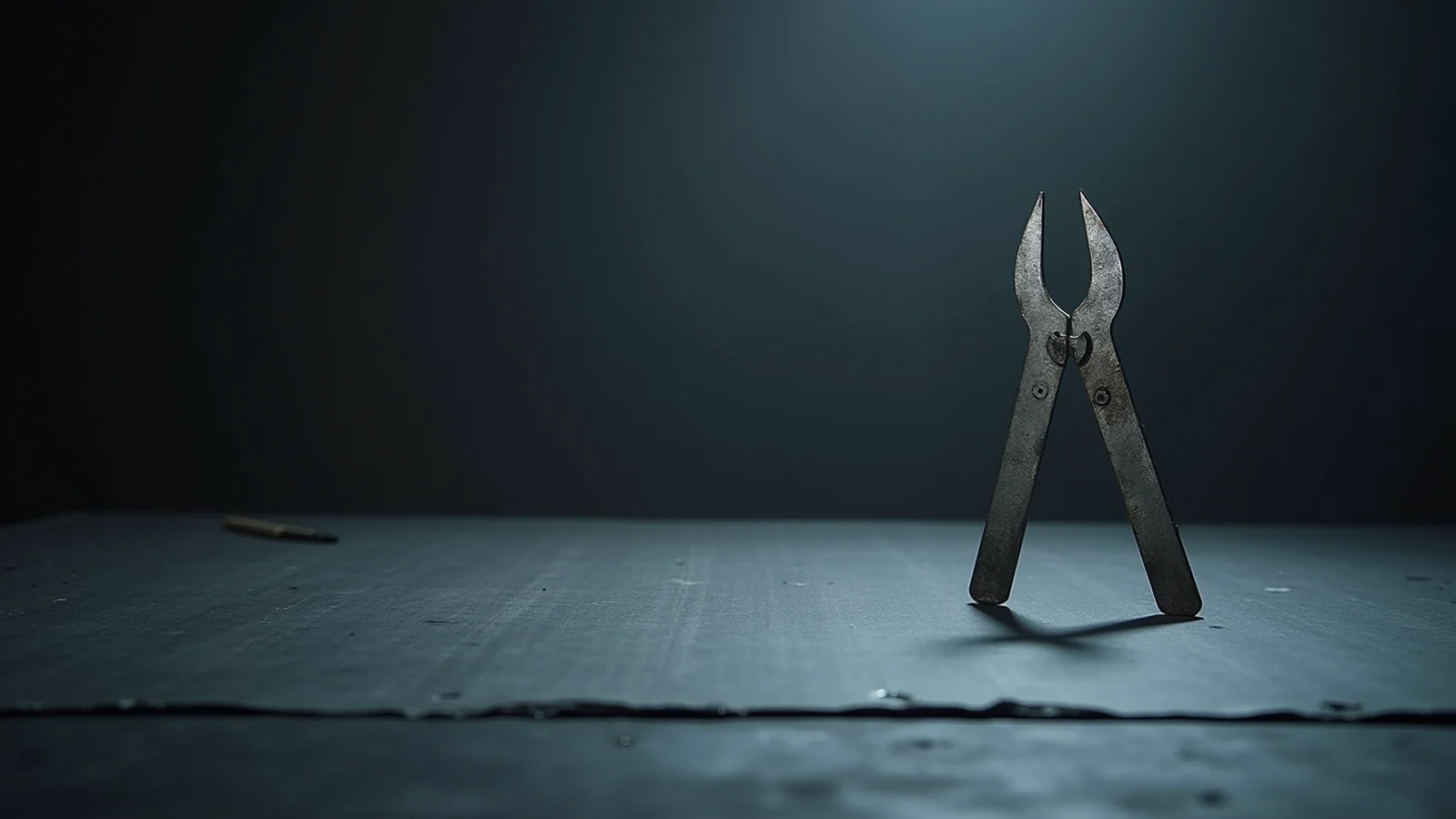 A pair of worn steel dividers standing open on their two points on a dark slate table.