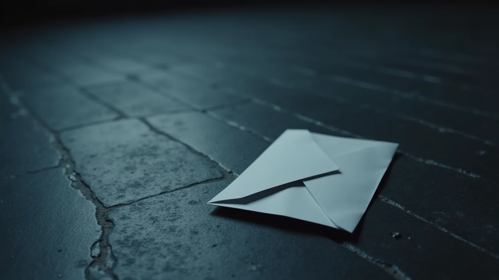 A single plain white envelope lying on a dark, cracked stone floor.