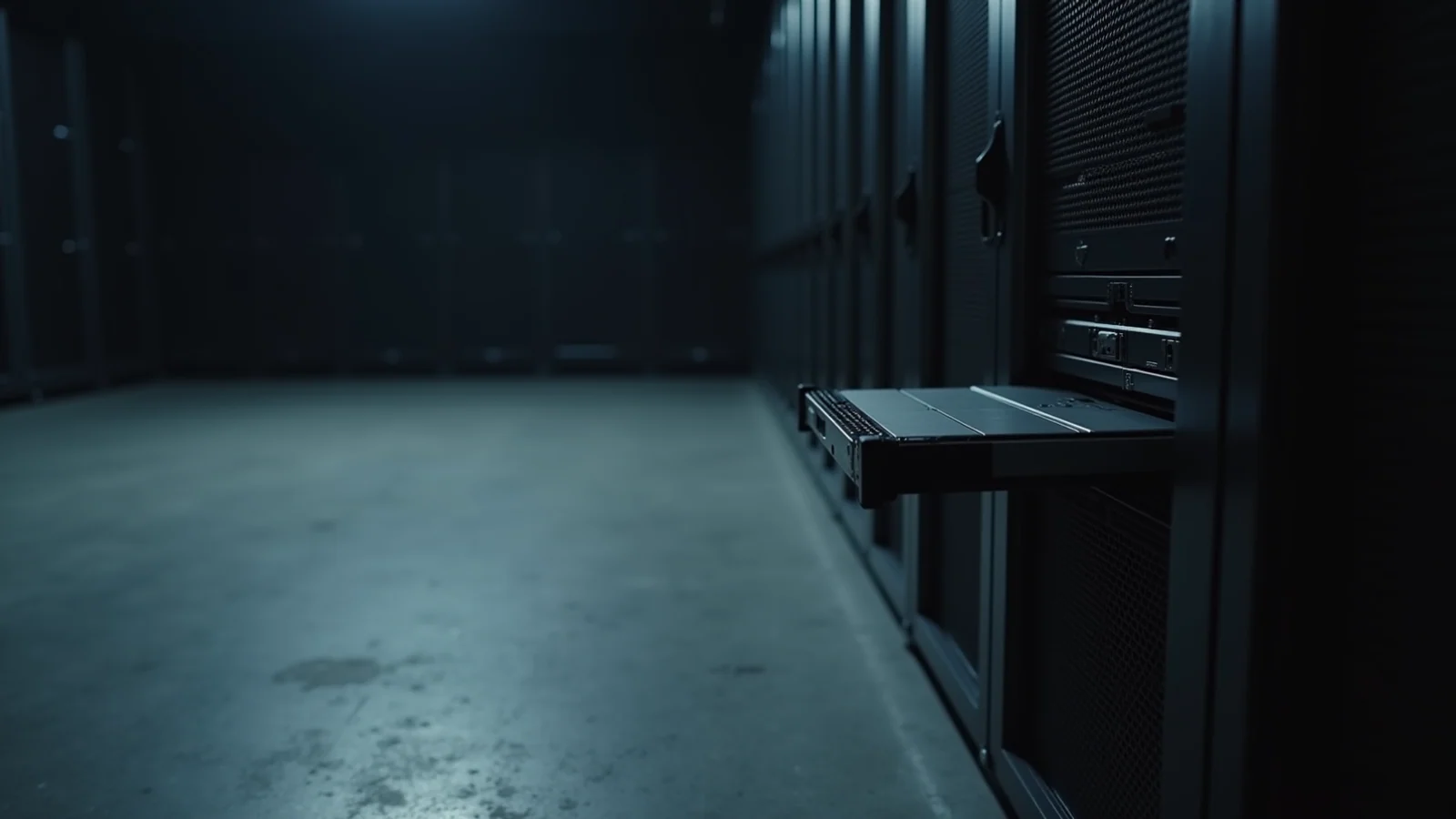 A single server tray pulled halfway out of a dark rack in an empty data-center aisle.
