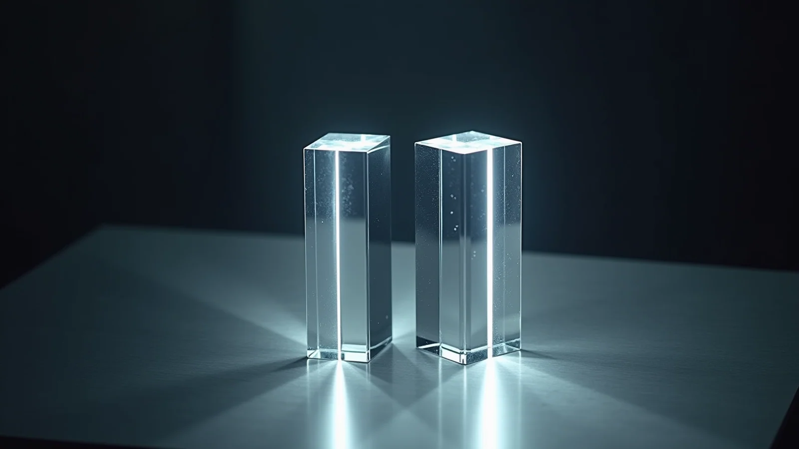 Two identical tall glass prisms standing side by side on steel, each lit from within by a cold white beam.