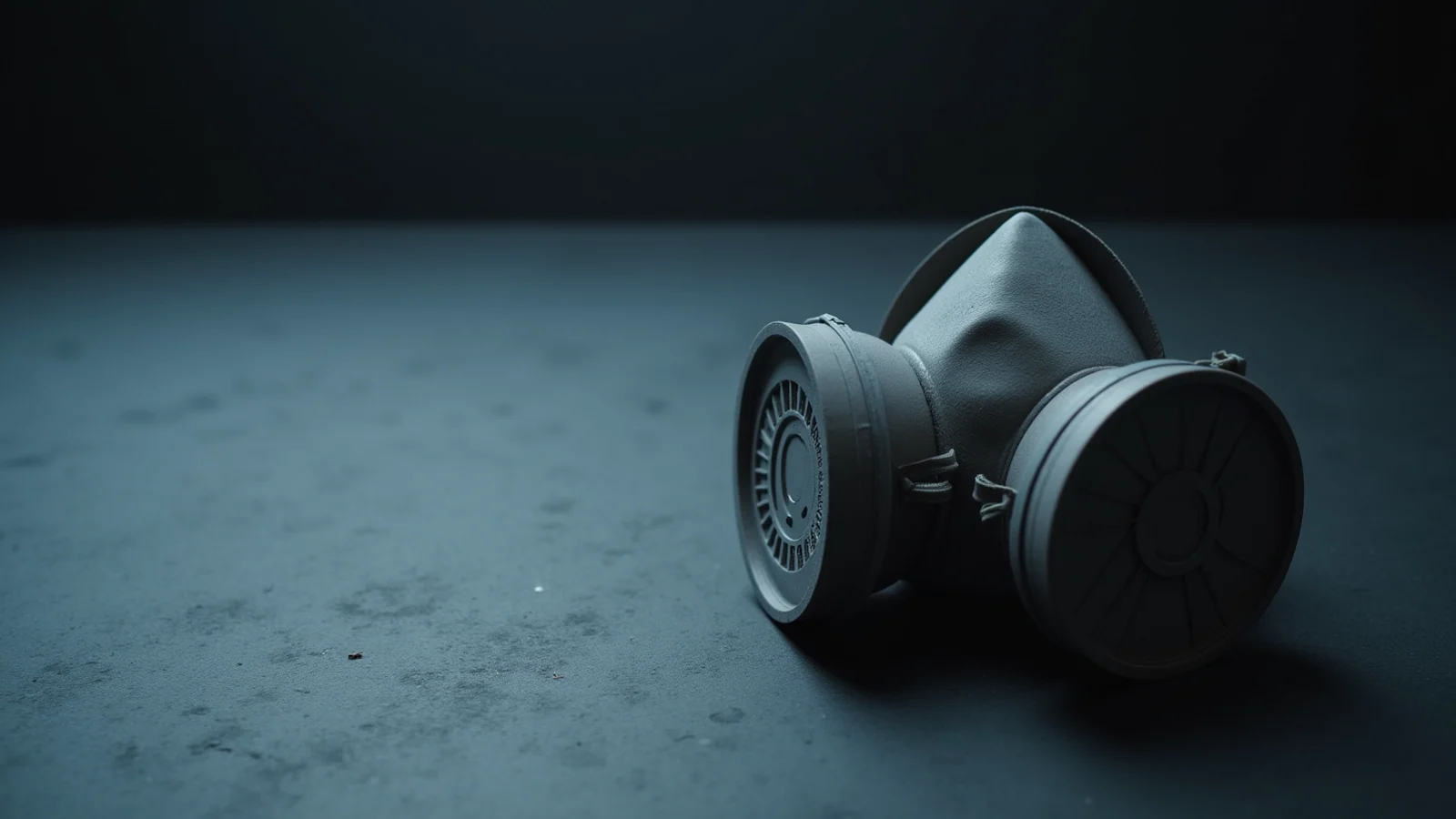 A grey half-face respirator with two round filters lying on a dark slate floor in cold, low light.