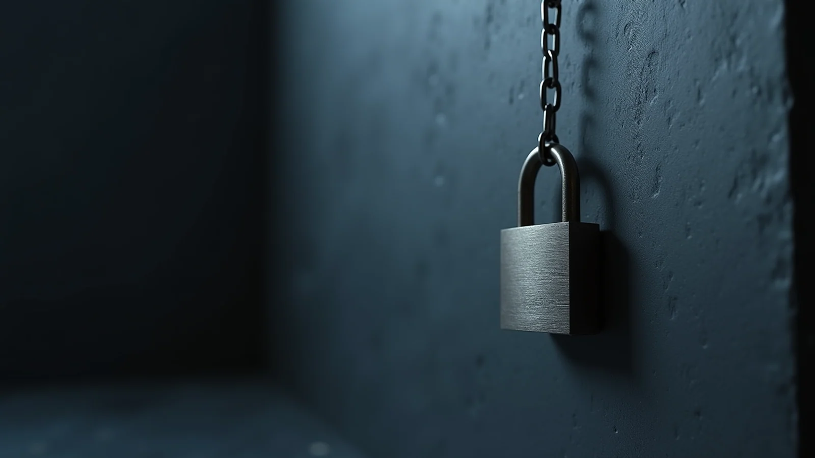A brushed-steel padlock hanging open on a short chain against a dark concrete wall.