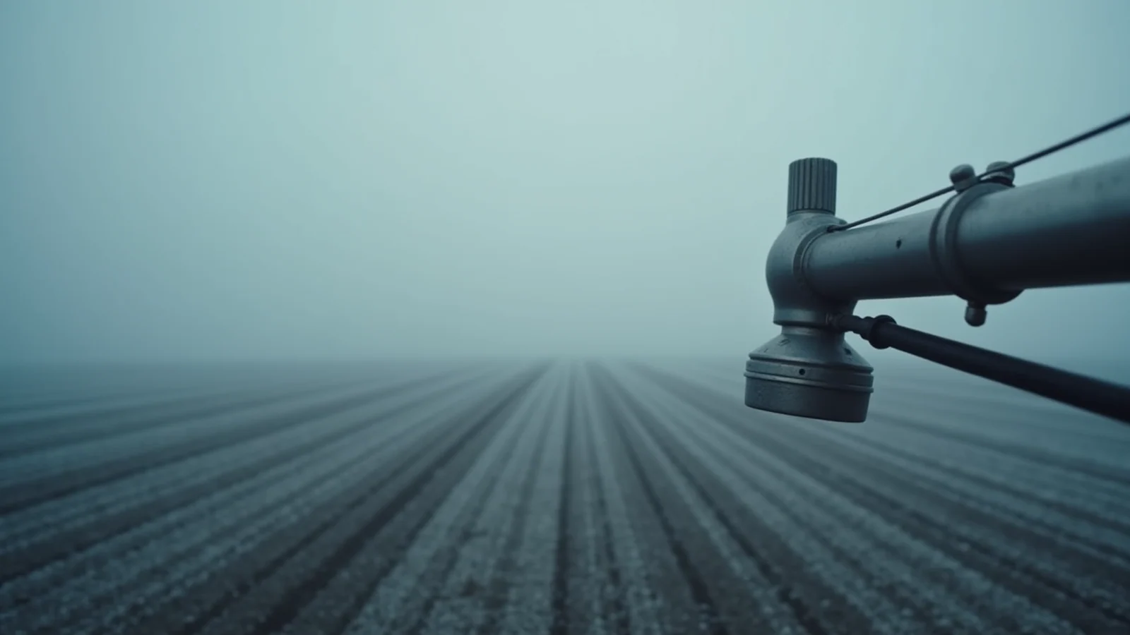 A steel crop-sprayer nozzle on a boom arm reaching over a frost-covered field in fog.