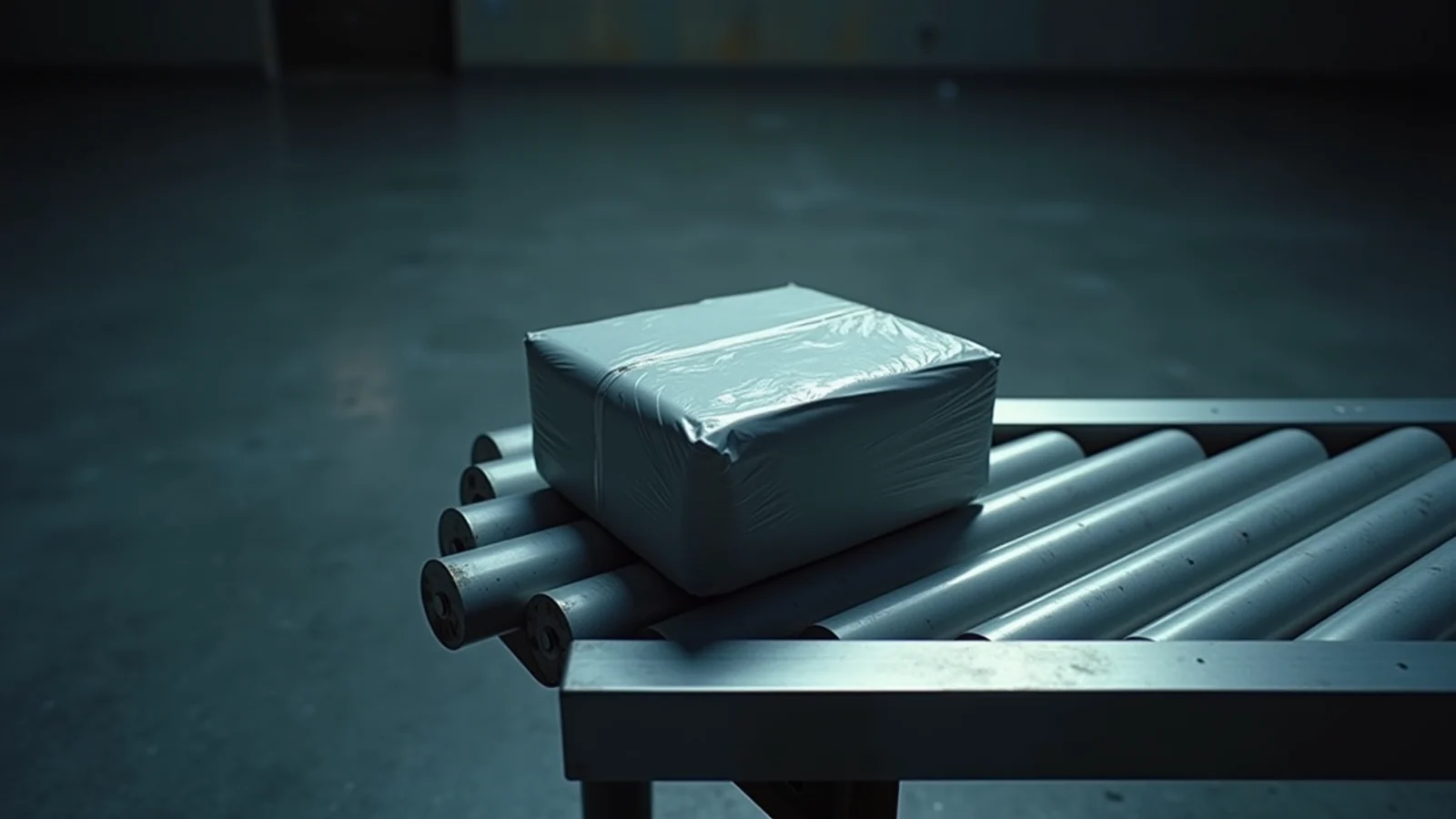 A small parcel wrapped in grey plastic sitting alone on a steel roller conveyor.