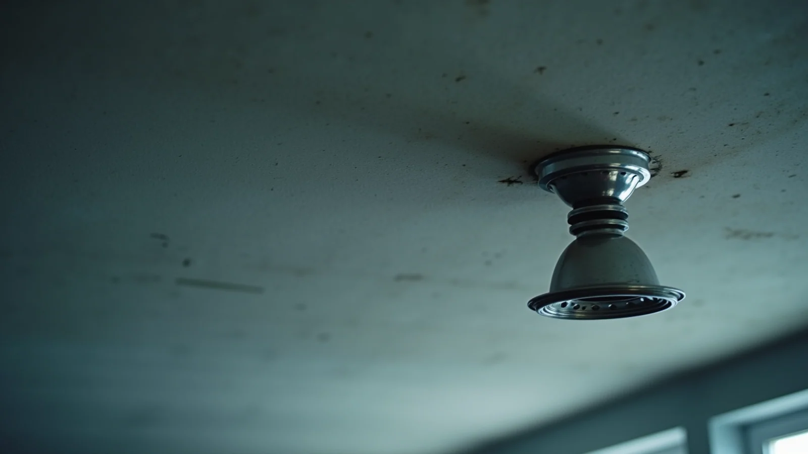 A single chrome fire-sprinkler head hanging from a bare grey concrete ceiling in cold blue light, with a pale window at the lower edge of the frame.
