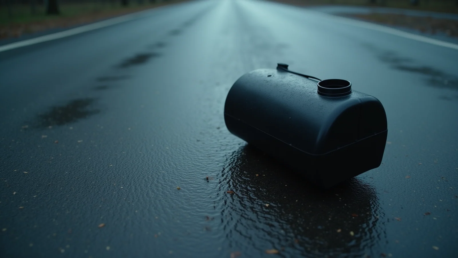 A detached black fuel tank lying on its side on a wet, empty road.