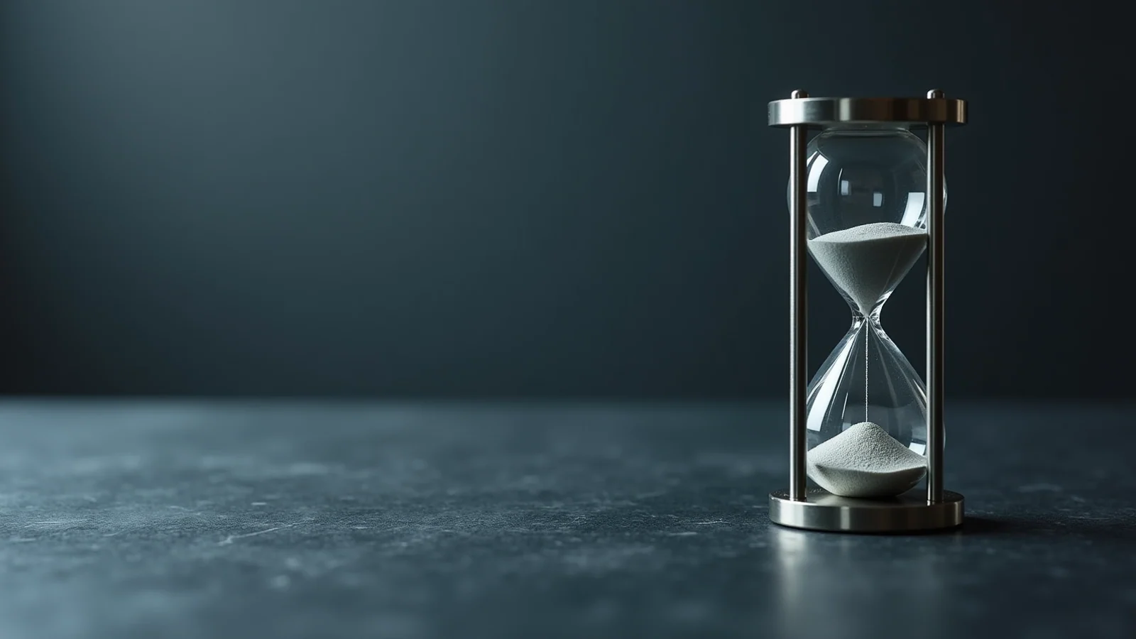 A glass hourglass in a thin steel frame, pale sand half run through, on a dark slate tabletop.