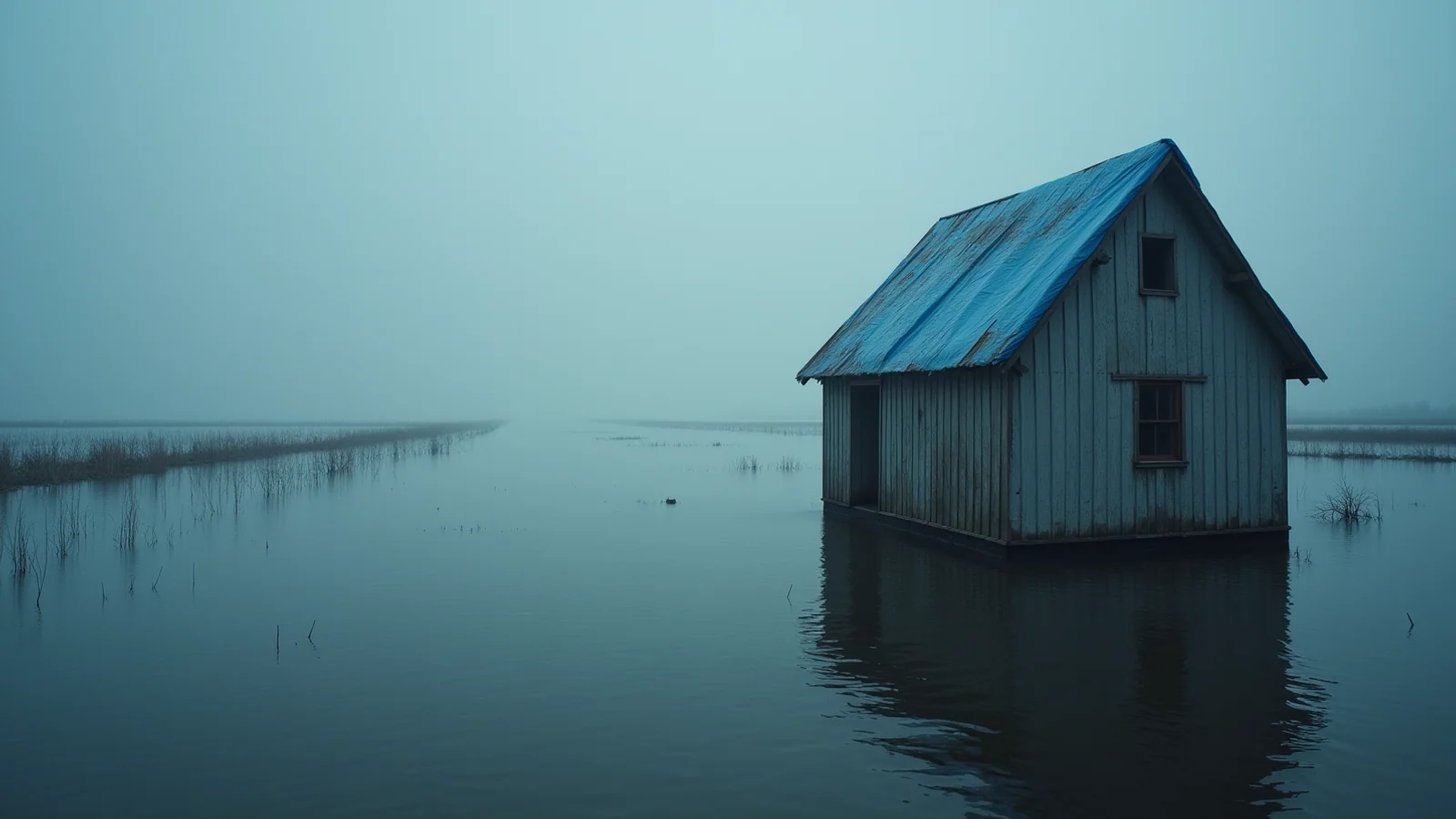 A small grey wooden house with a bright blue tarp over its roof, standing in wide, flat floodwater under fog.