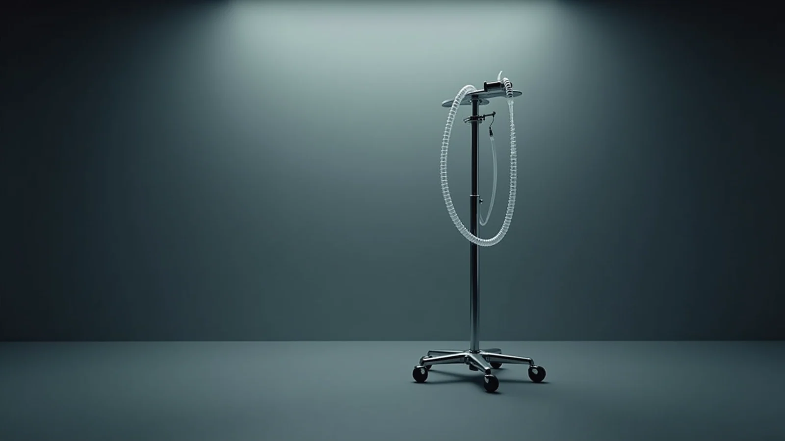 An empty chrome medical roll stand with a coiled clear breathing tube hanging from it, alone in a grey room.