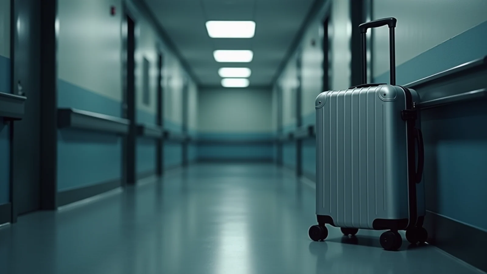 A grey hard-shell suitcase standing upright against the wall of an empty, brightly lit hospital corridor.