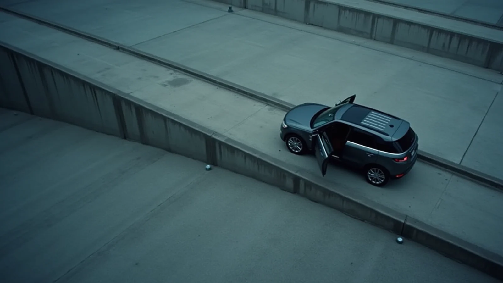 A dark grey SUV seen from above on a sloping concrete ramp, its driver's door standing open.