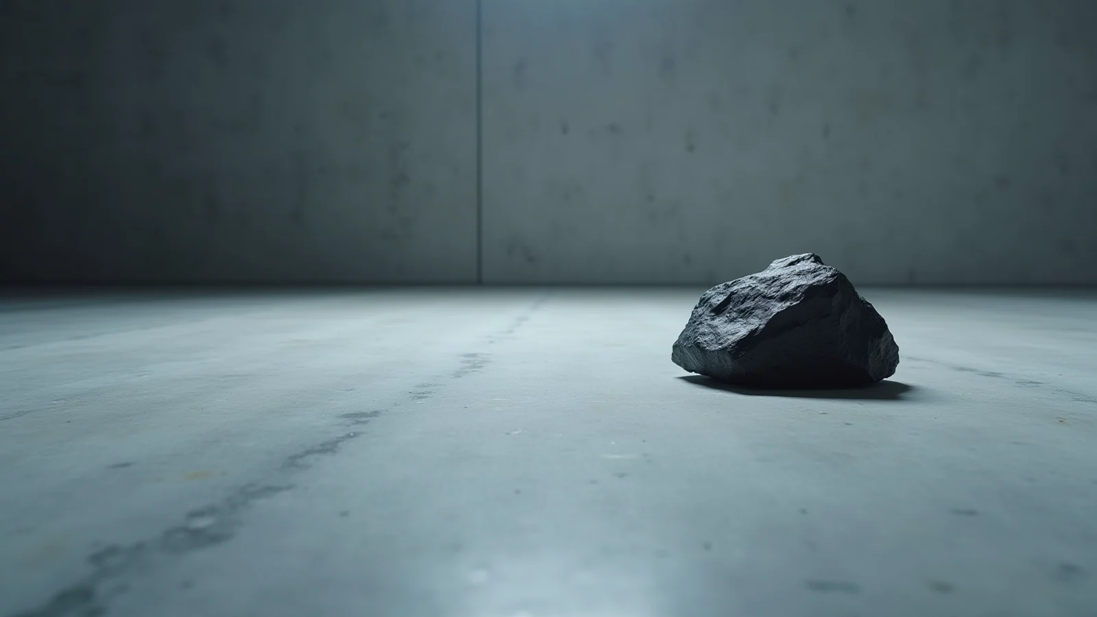 A single lump of black coal on a wide, pale grey concrete floor in cold blue light, with a bare concrete wall behind it and nothing else in the room.