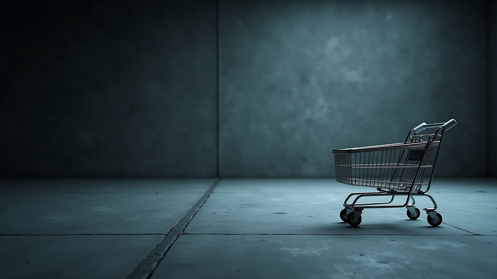 An empty chrome shopping cart standing alone on a bare concrete floor in a dim grey room, lit by cold blue light.