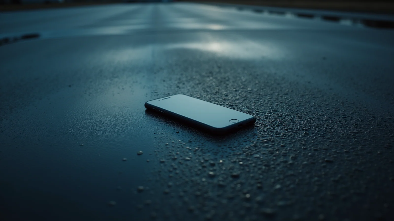A black smartphone lying on wet parking-lot asphalt in cold dusk light.
