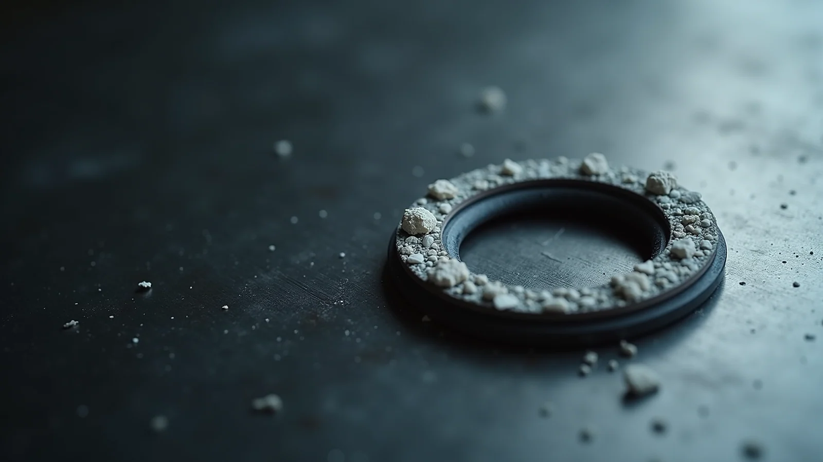 A rubber ring seal crusted with pale mineral deposits, lying on a dark steel surface.