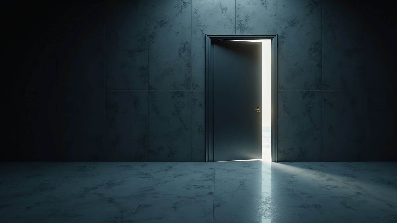 A tall dark door standing slightly open in a bare stone wall, a band of cold light falling across the marble floor.