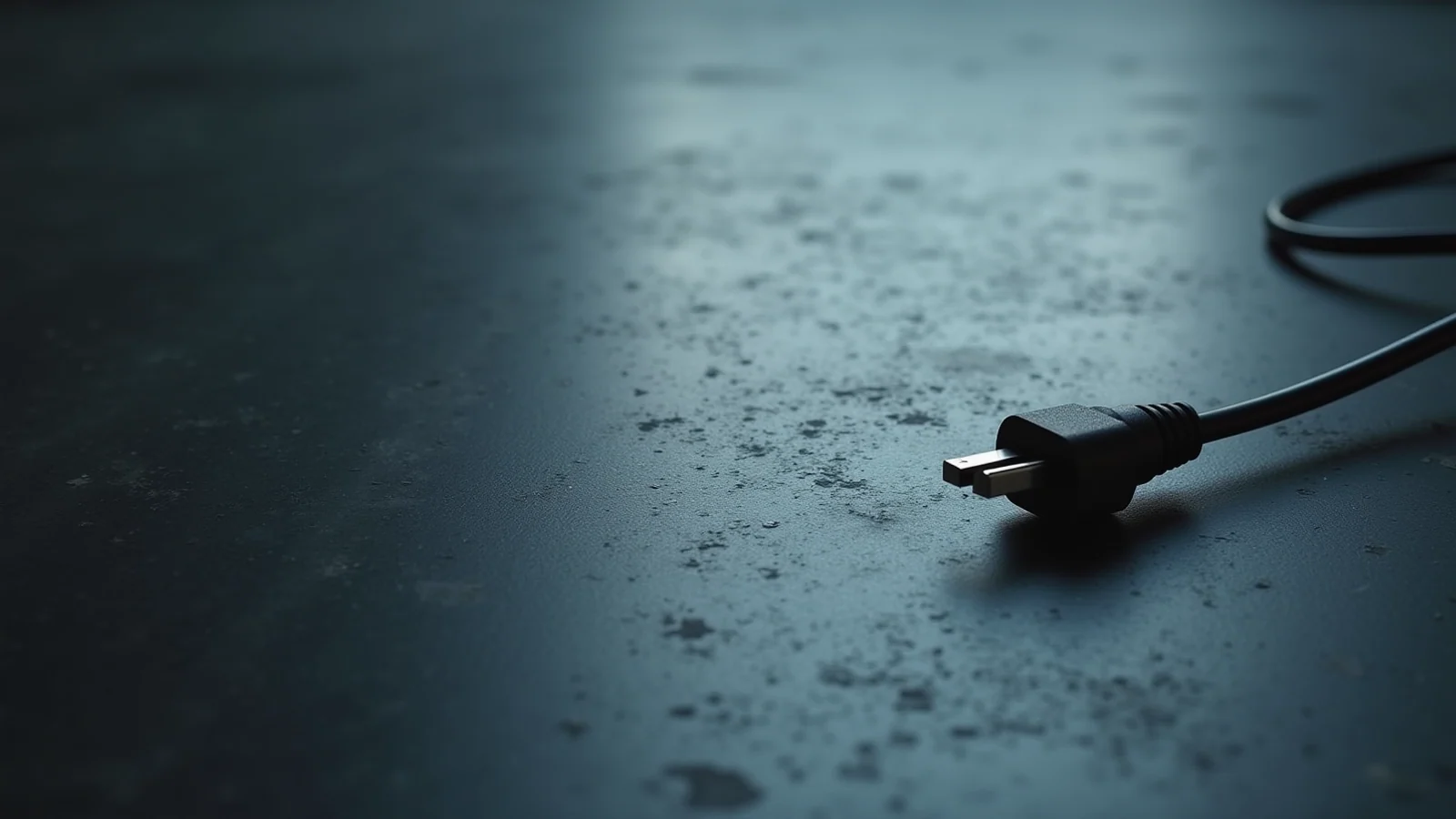 An unplugged black power cable and plug lying loose on a dark slate floor.