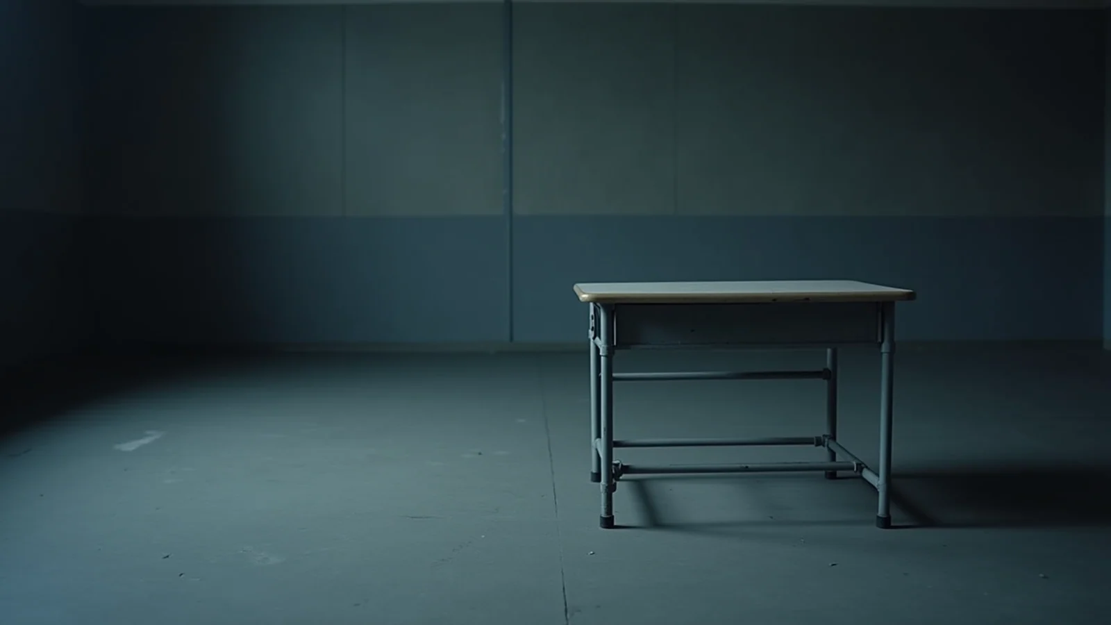 An empty grey steel school desk standing alone in a dim, bare classroom.