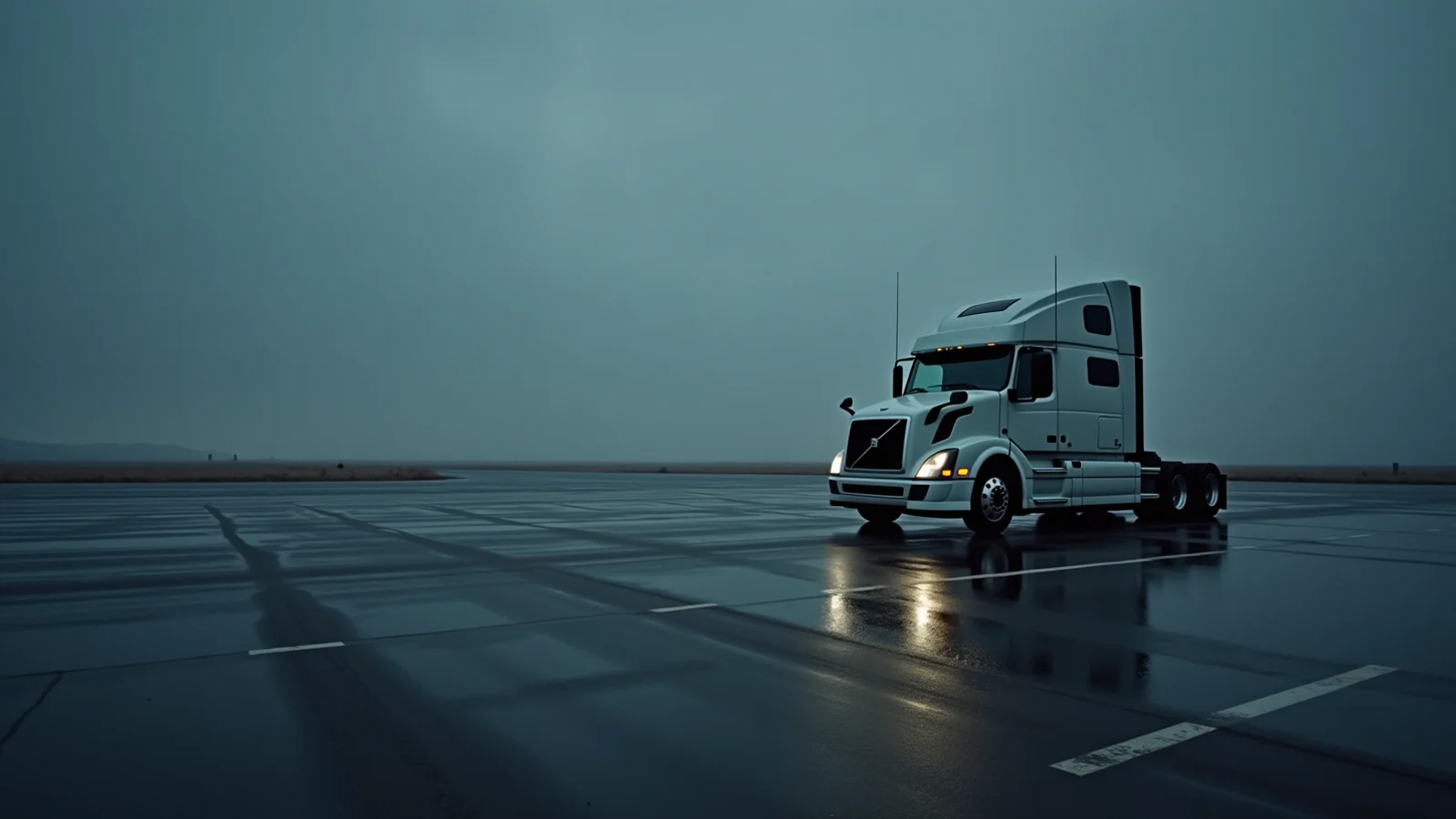 A white semi-truck cab with no trailer, parked alone on a wide, wet, empty asphalt lot under a grey sky.
