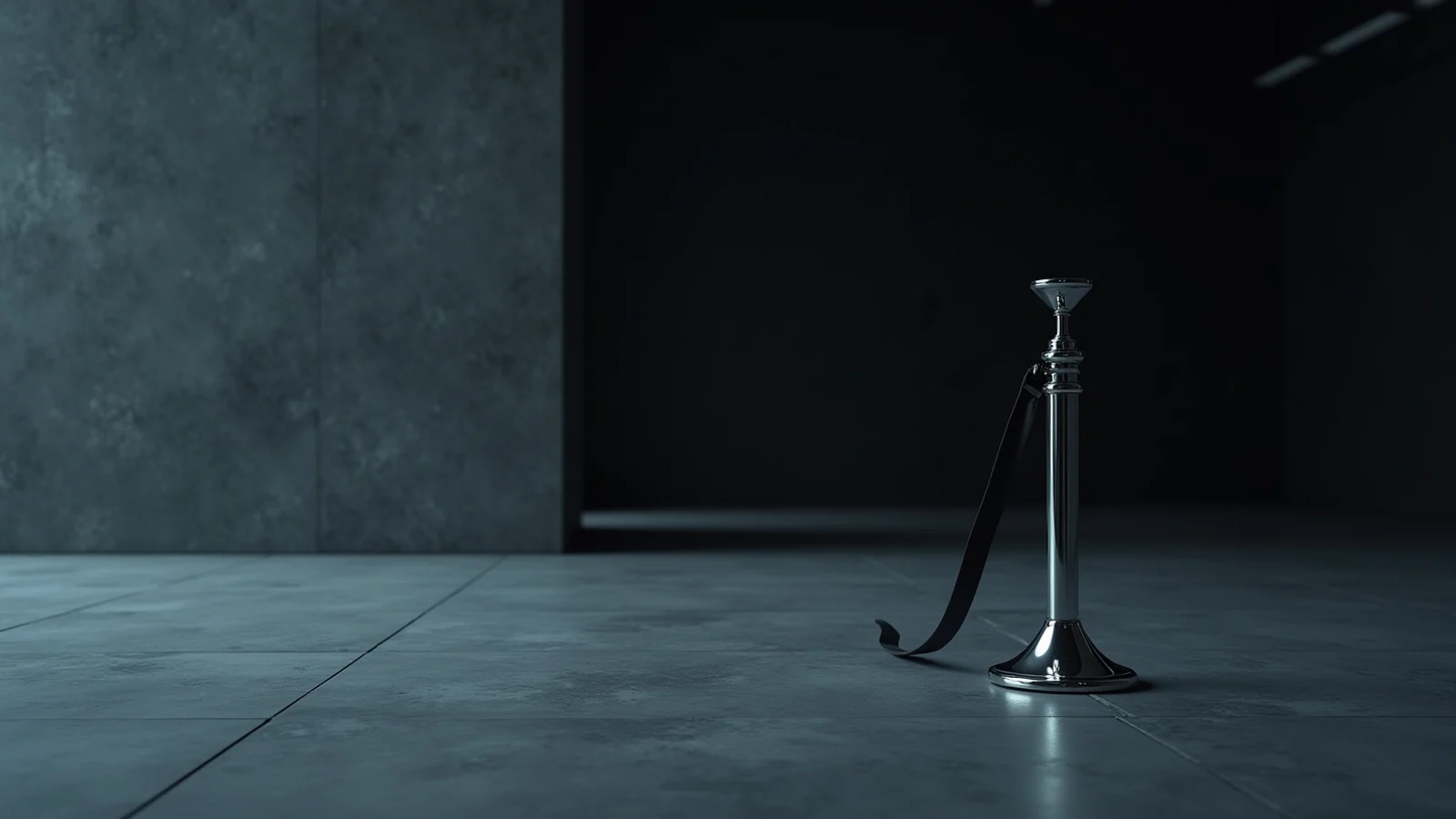 A single chrome queue post with a slack black belt trailing to the floor of an empty, dark hall.