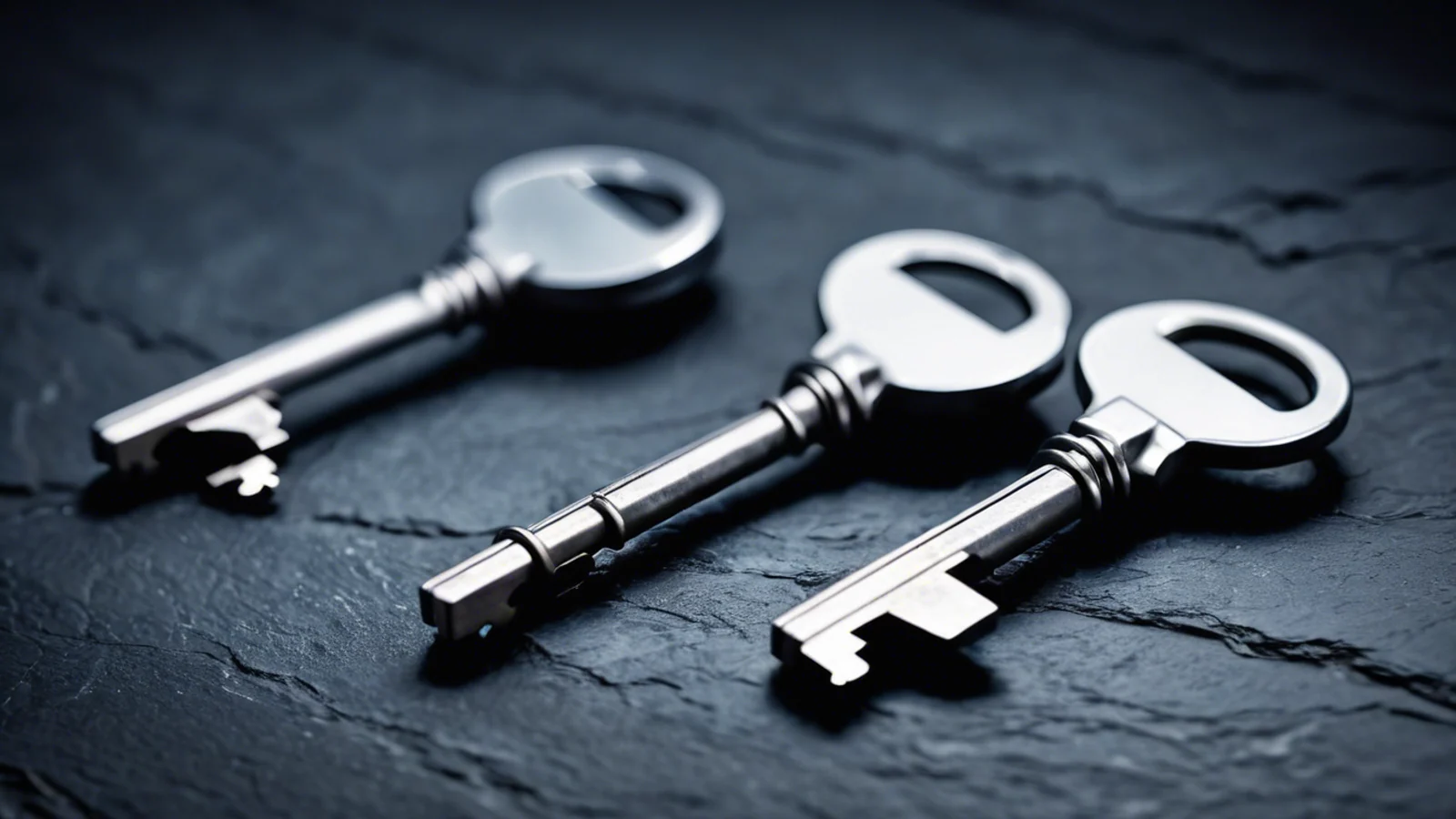Three identical steel keys laid in a row on a dark slate surface under a single cold raking light, deep shadow behind them.