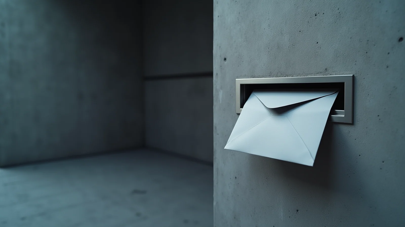 A blank pale envelope pushed halfway through a brushed-steel mail slot in a grey concrete wall.