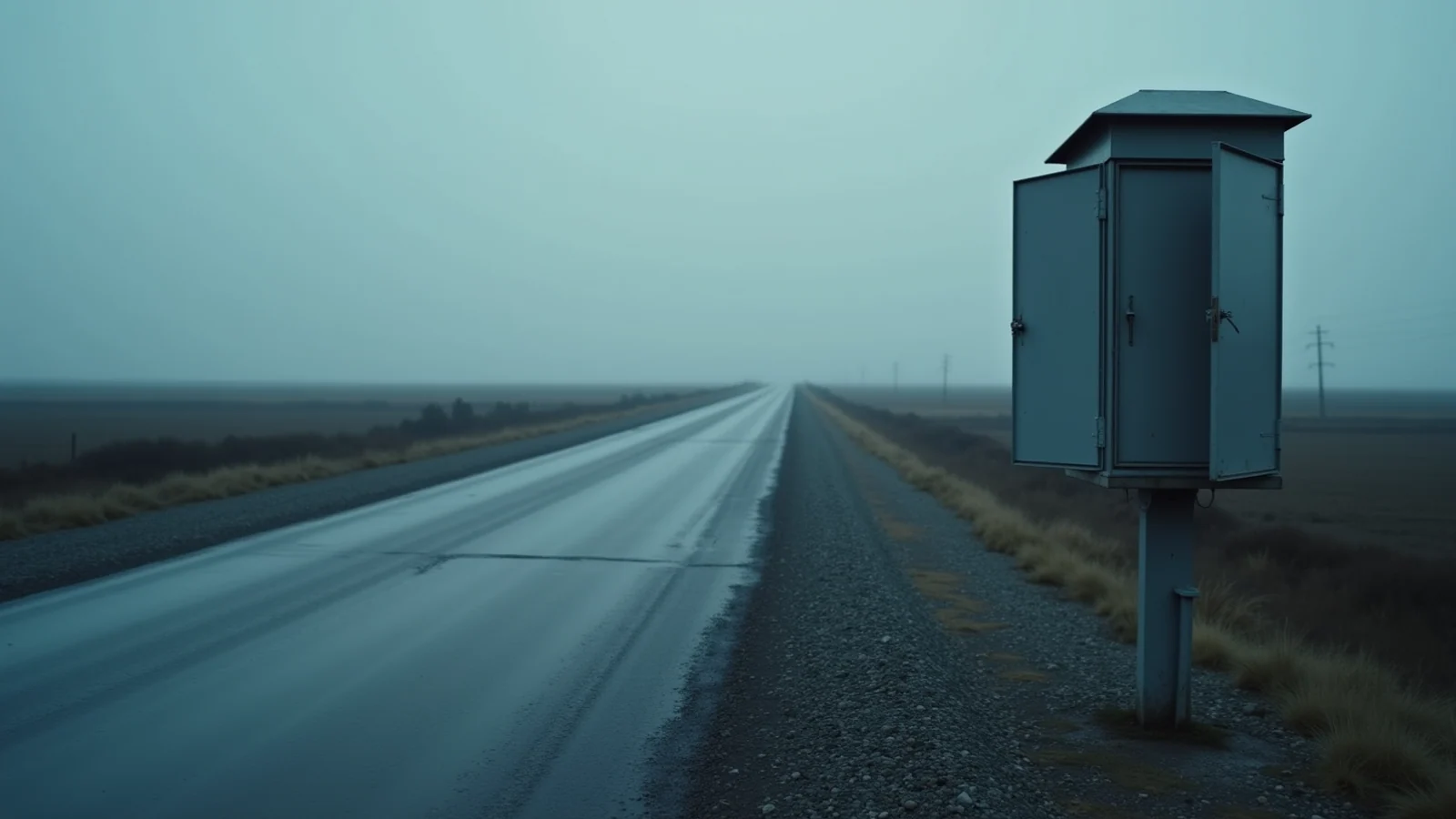 A grey steel roadside cabinet with its door hanging open beside an empty two-lane road under a foggy grey sky.