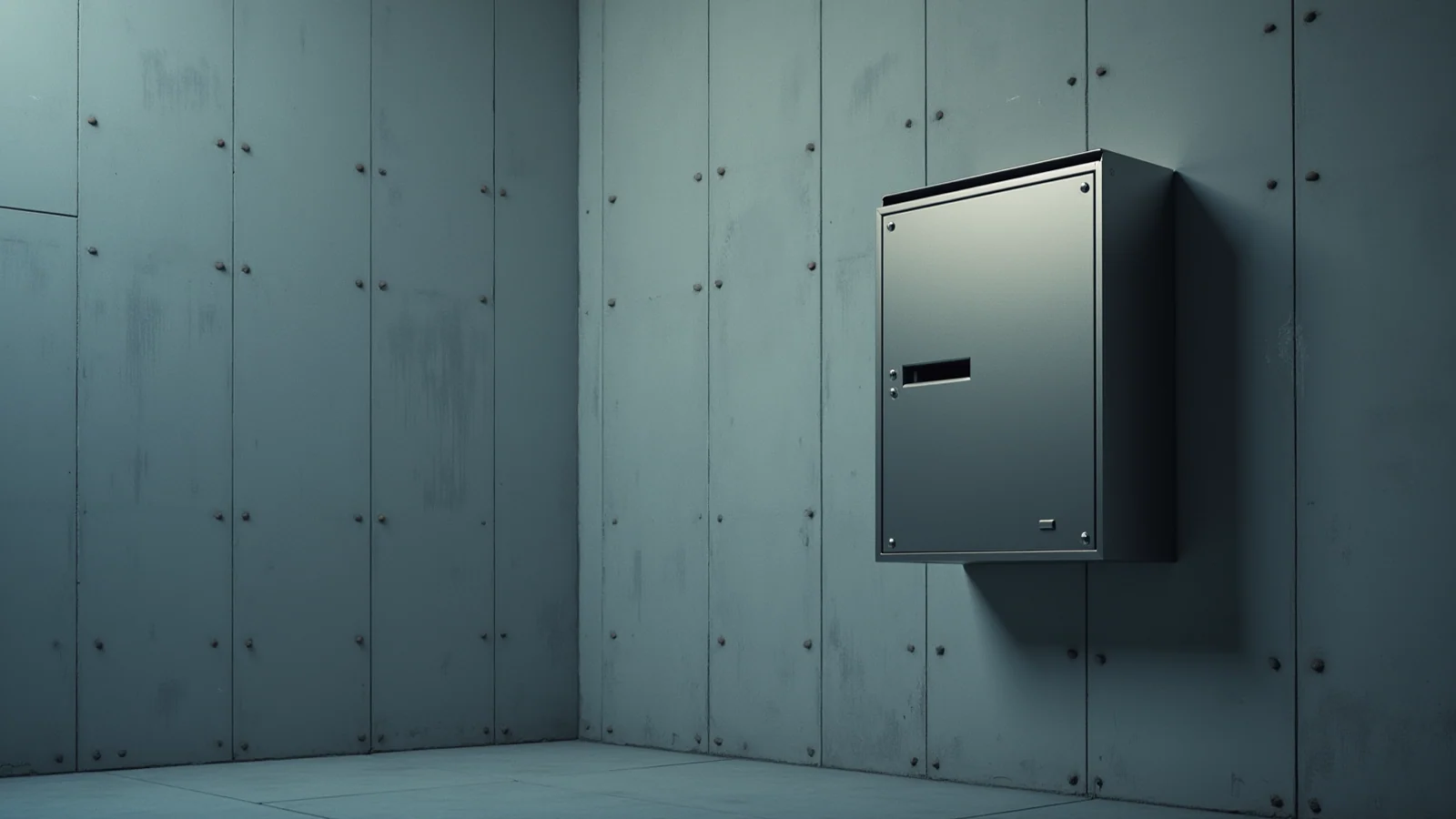 A blank brushed-steel box with one narrow dark slot mounted on a bare grey concrete wall in cold blue light.