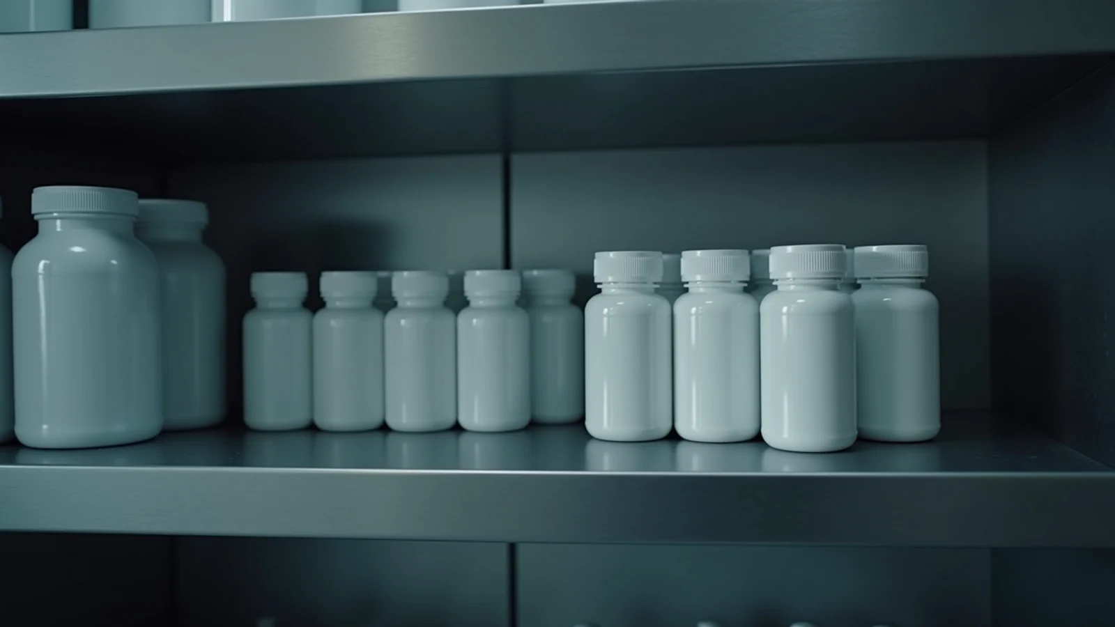 A row of plain white unlabeled pill bottles on a brushed-steel shelf in cold light.