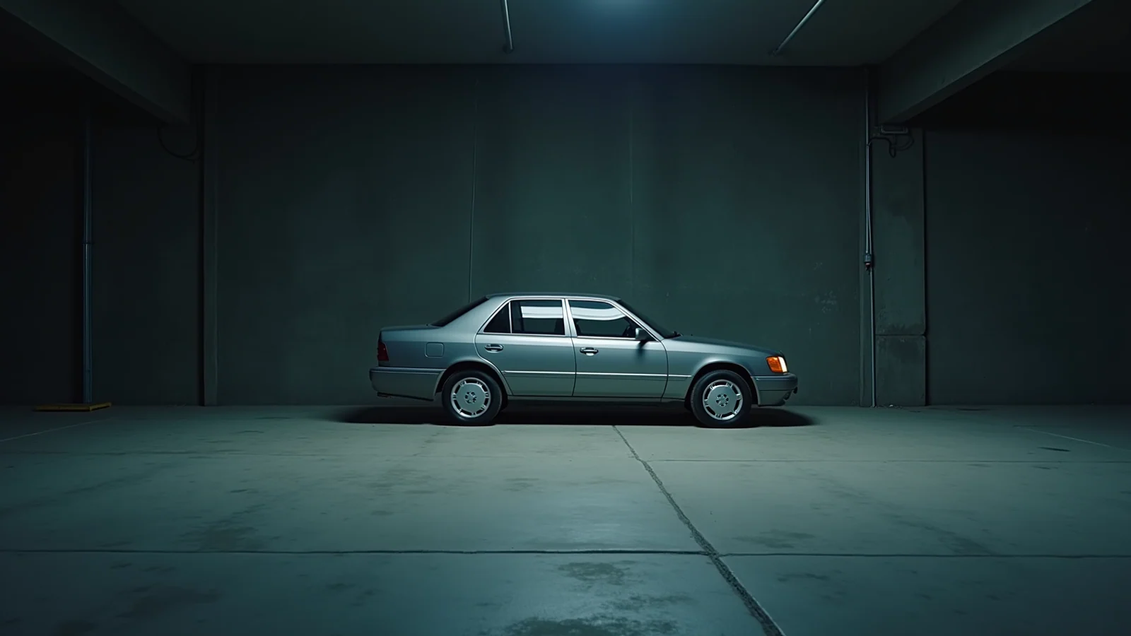 A single car in a spare concrete room under cold light, an archival illustration of a manufactured good within a trade relationship.