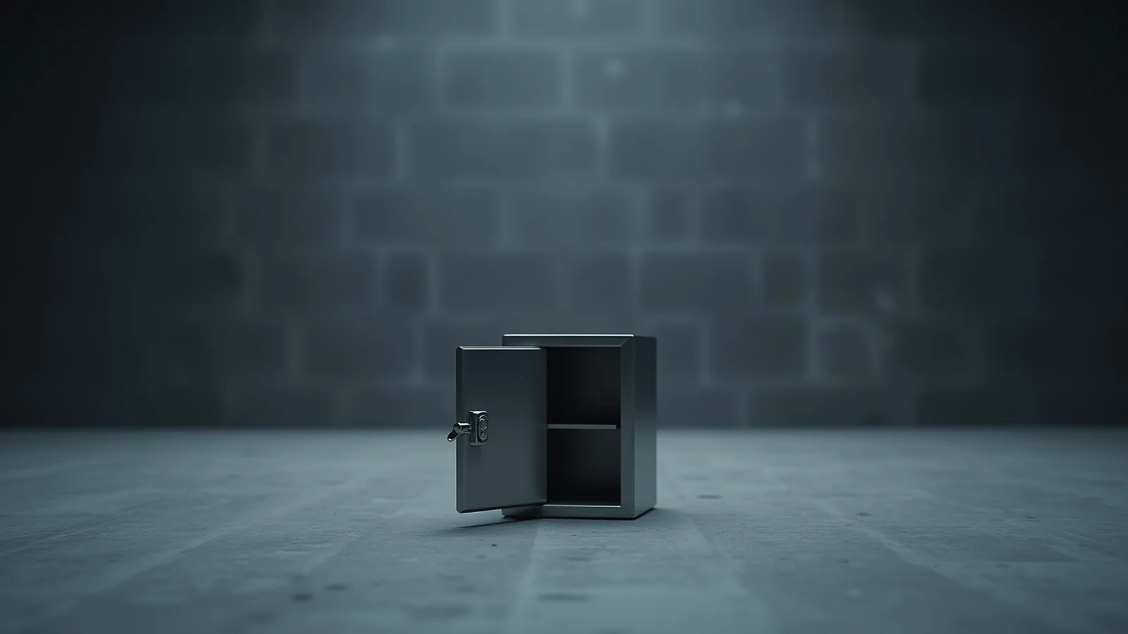A small brushed-steel lockbox standing open and empty on a bare grey concrete floor in front of a block wall.