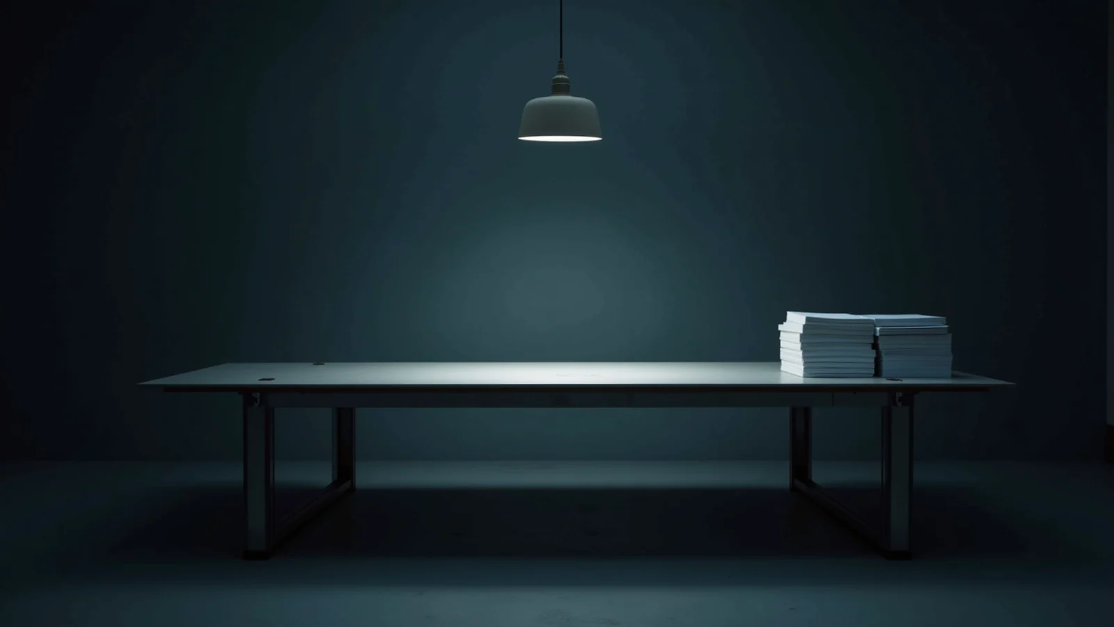 A long empty steel table with a single stack of blank white paper under a hanging lamp in a dark room.