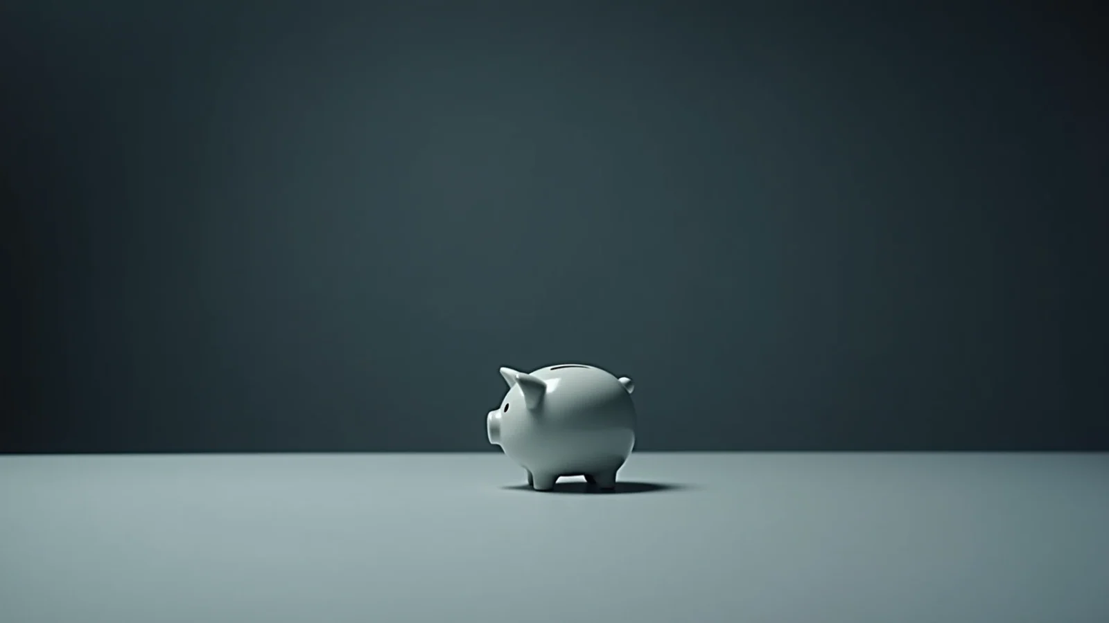 A small pale grey ceramic piggy bank standing alone on a bare grey table against a dark wall.